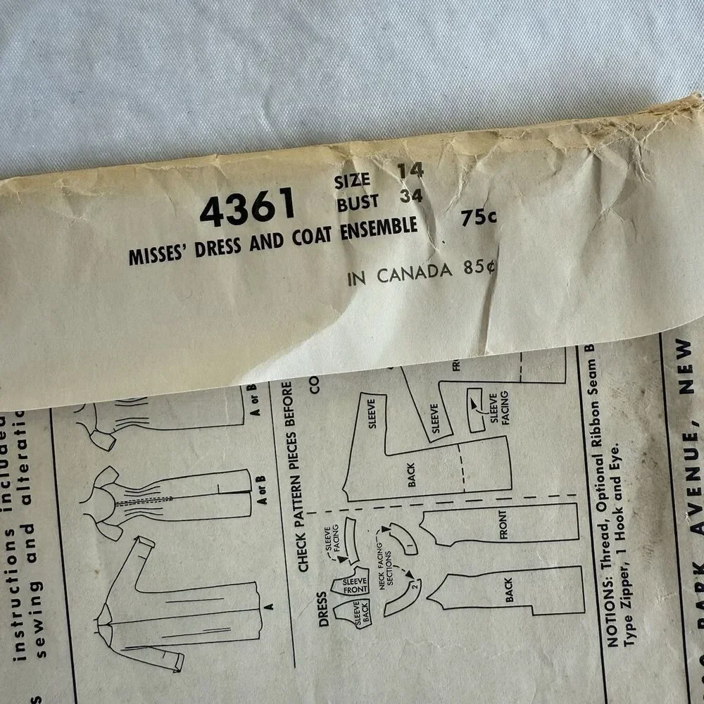 Vtg 50s McCalls 4361 Sewing Pattern  Dress Coat Jacket Sz 14 Bust 34
